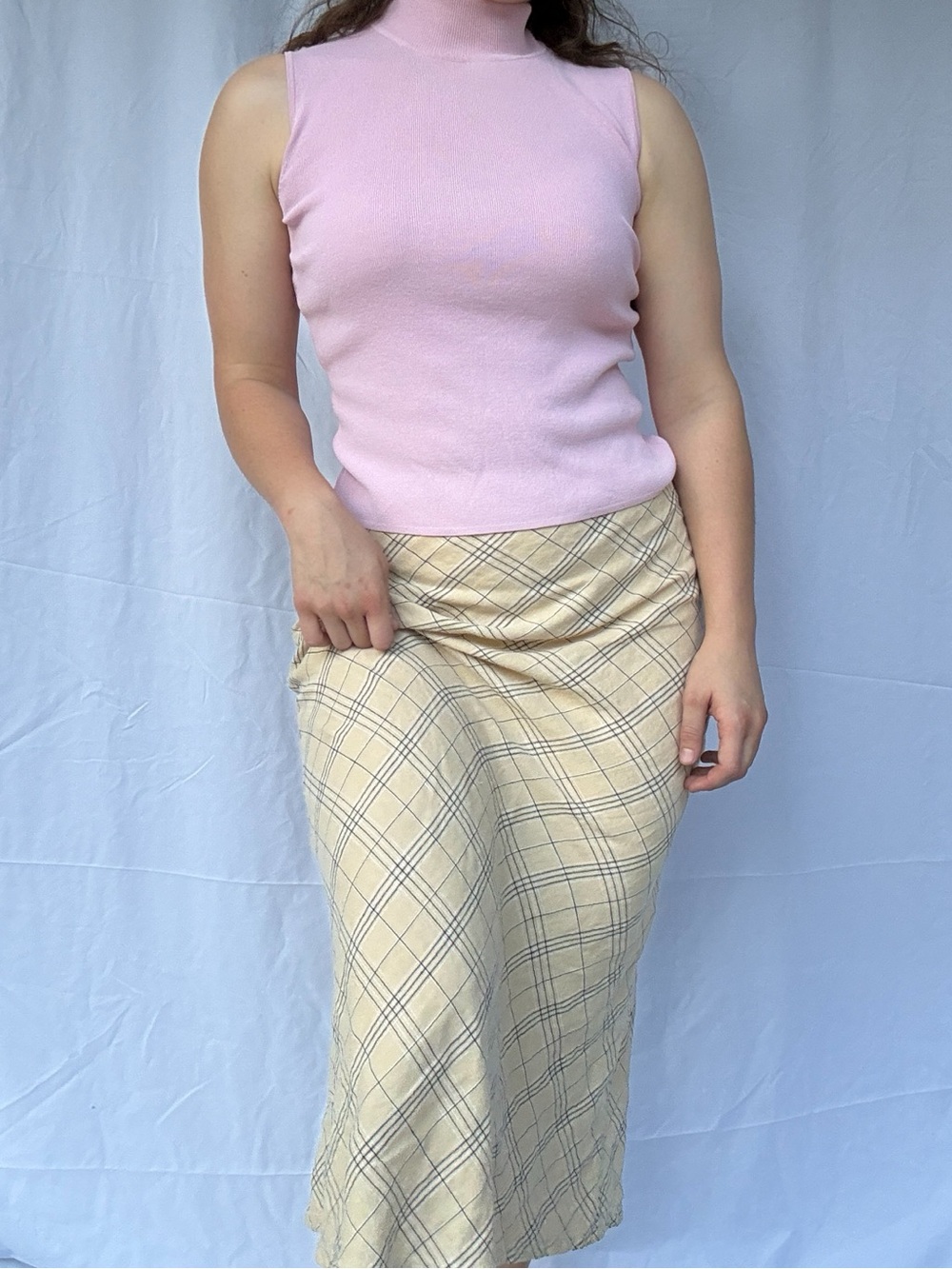 Merona 100% Linen Butter Yellow Plaid Bias Cut Midi Skirt Women’s Size 6 A-Line